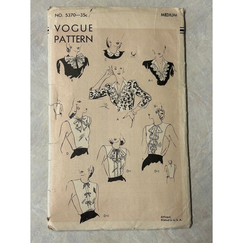 Vintage 1940's Vogue Pattern #5370 Dickeys Collars Bows‎ Size M HTF RARE